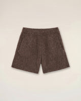 Flat lay of brushed alpaca knit shorts in dirt mocha with soft Italian alpaca texture — luxury streetwear knitwear shorts for men.